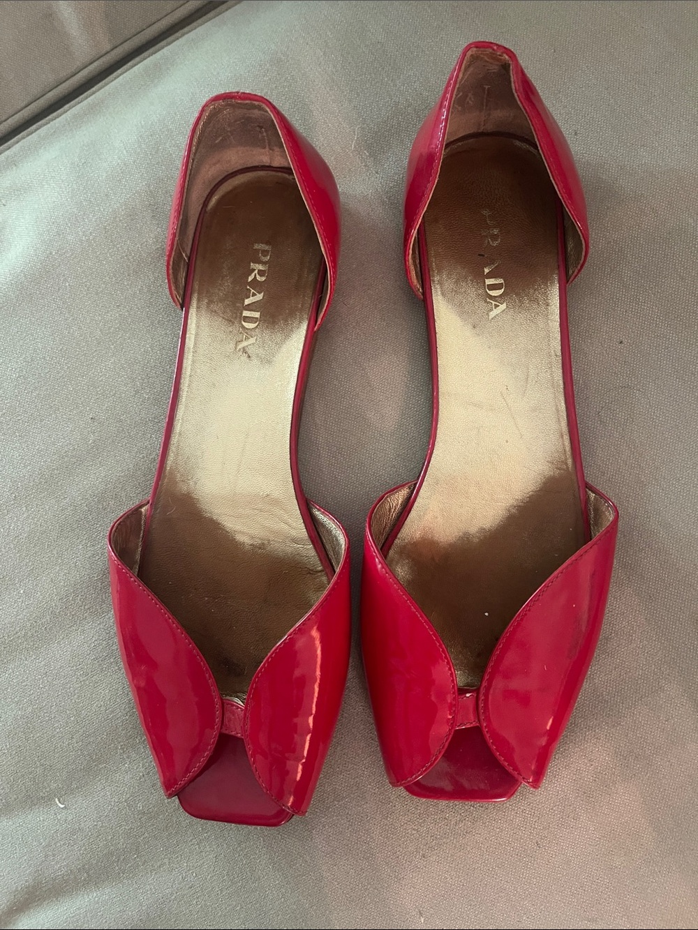 Prada Red Patent Leather Peep-Toe Flats